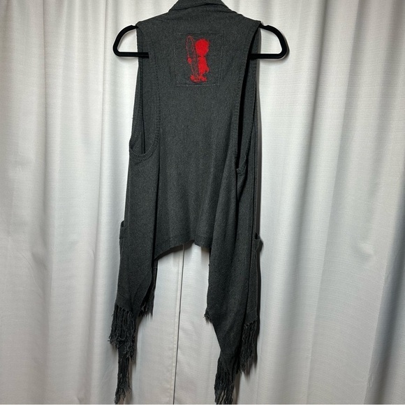 Hollister Cozy Baby Gray Sweater Shawl Vest Fringe M L Boho Pockets Rabbit Hair - Picture 8 of 9